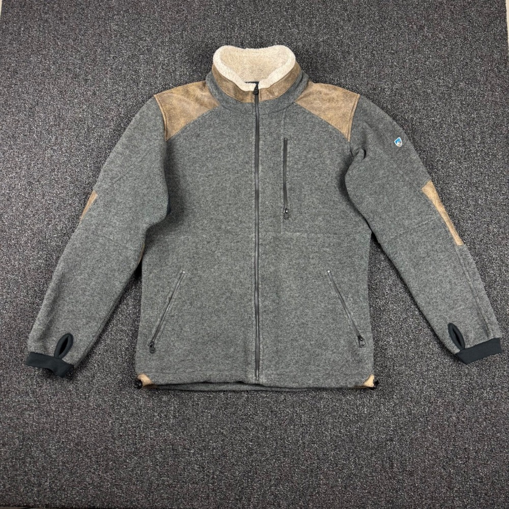 KUHL Alpenwurx Full Zip Fleece Jacket Suede Trim Mens Small Gray gorpcore